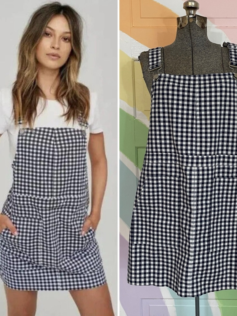 Volcom Georgia May Jagger Frochickie Blue Gingham Overall Mini Dress Sz L 💚🎀